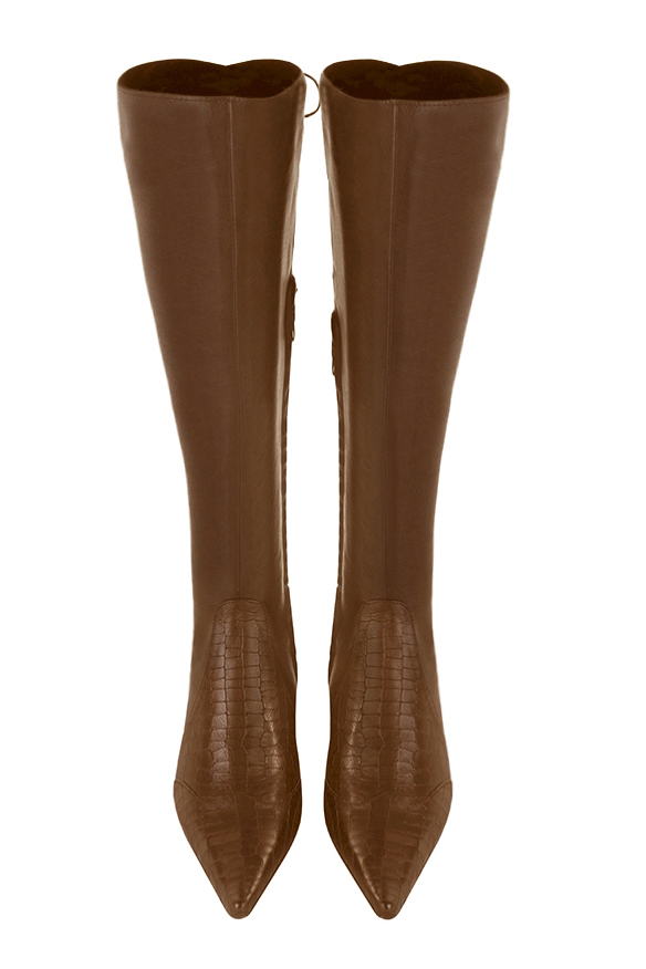 Caramel brown women's knee-high boots, with laces at the back. Pointed toe. Low flare heels. Made to measure. Top view - Florence KOOIJMAN
